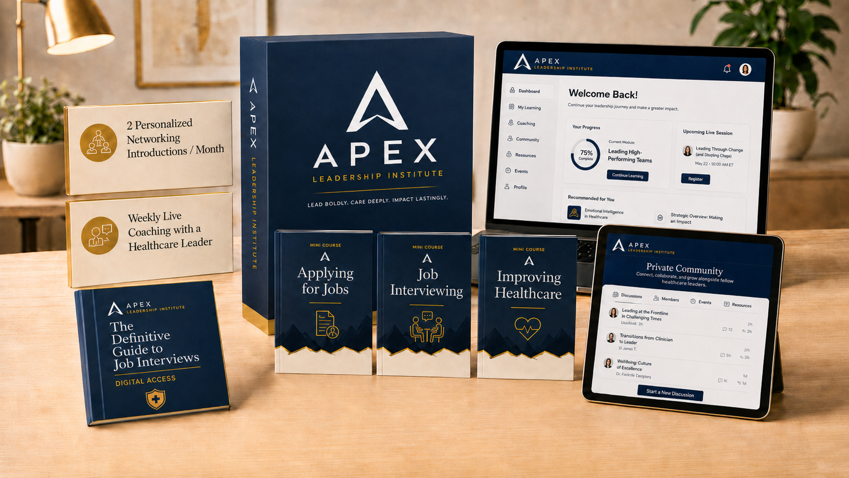Apex Leadership Institute membership includes: mini courses, weekly coaching, networking introductions, definitive guide, and private community.