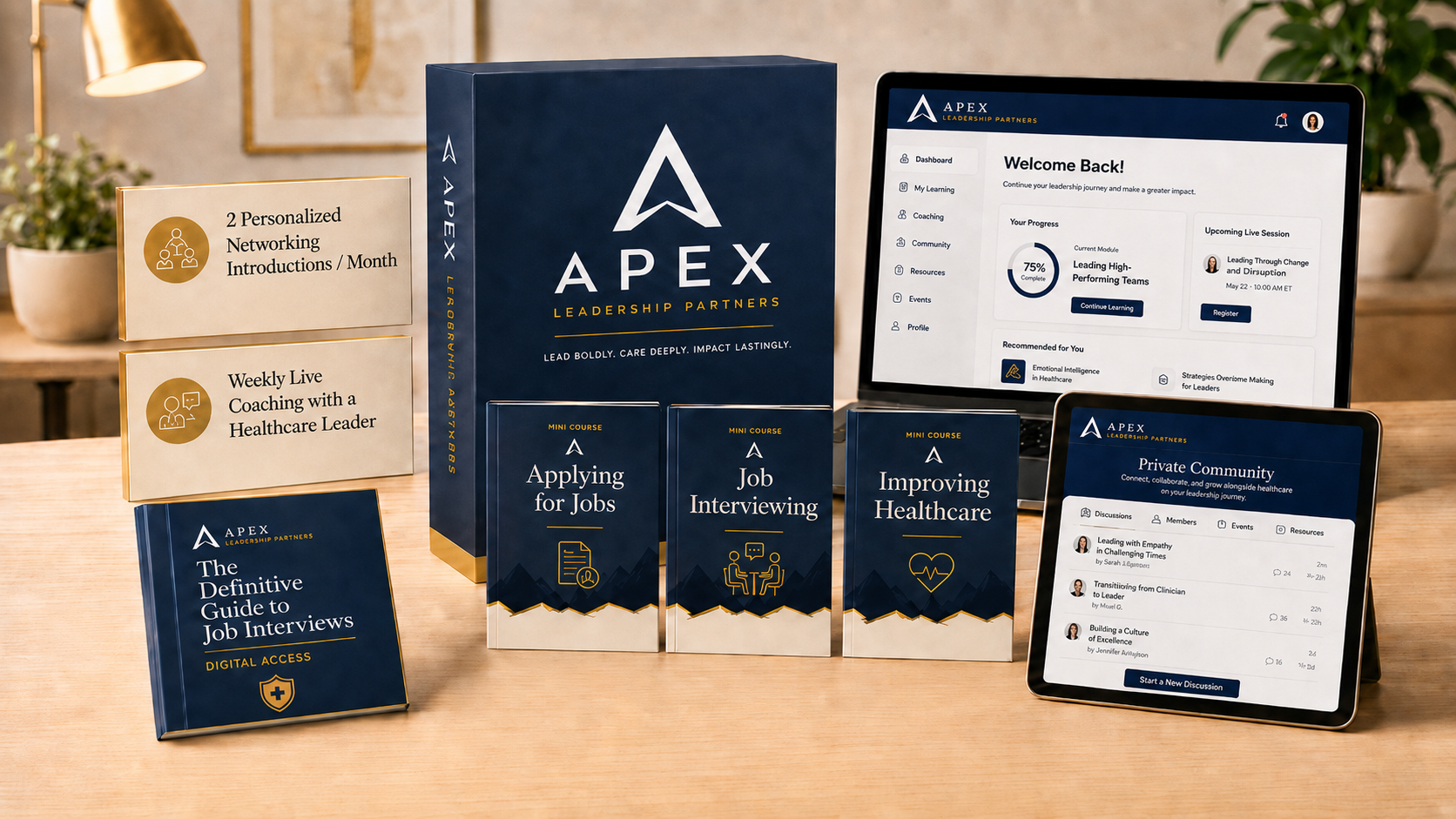 Apex Leadership Institute membership includes: mini courses, weekly coaching, networking introductions, definitive guide, and private community.